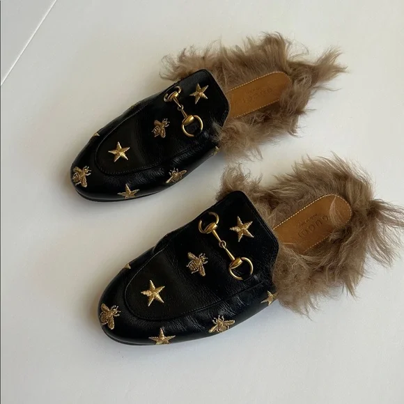 Gucci Black Loafers with Gold Stars and Bees - Picture 2 of 4